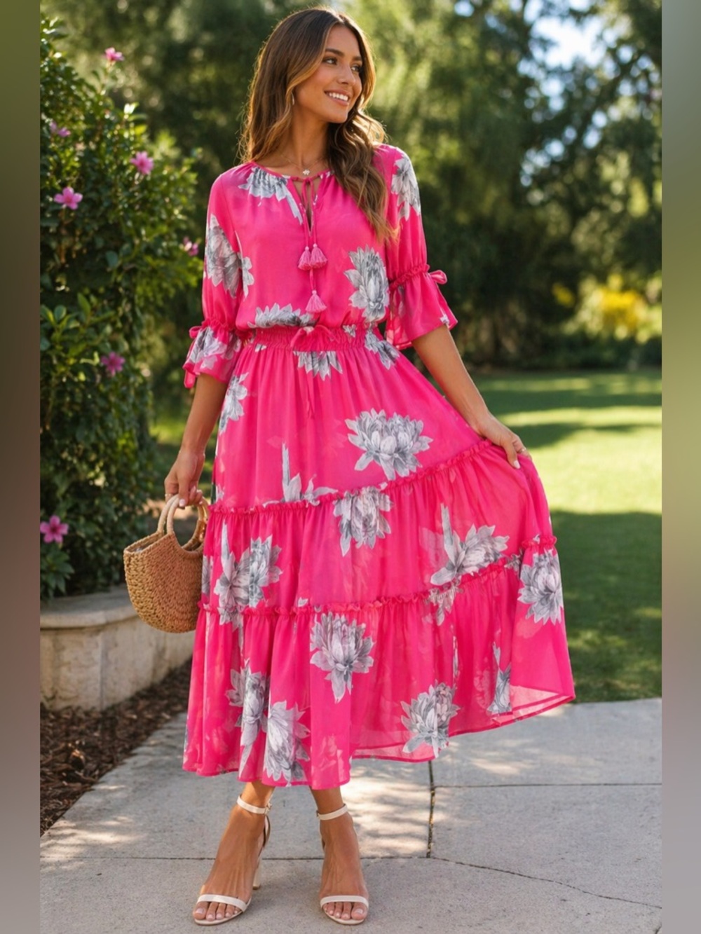 Misa Pink Floral Boho Midi Dress Cottagecore Tassel Tie Smocked XS Barbie USA